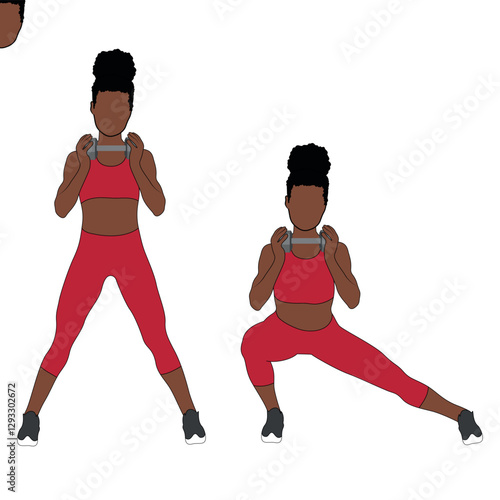 A Black African woman in red clothing doing side lunges with dumbbells exercise for glutes. Flat vector illustration isolated on white background