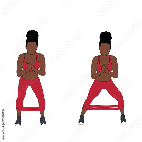 A Black African woman in red clothing doing banded lateral walk exercise for glutes. Flat vector illustration isolated on white background