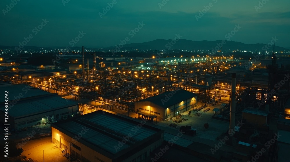 Fototapeta premium Night factory: sprawl of lights pipes and buildings 