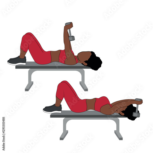 A Black African woman in red clothing doing back pullovers exercise with dumbbells. Flat vector illustration isolated on white background