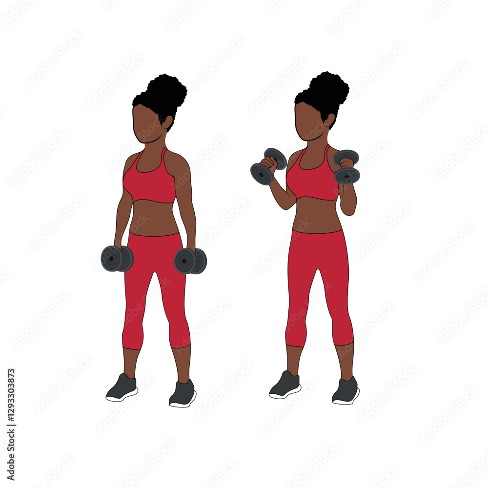 A Black African woman in red clothing doing hammer curls exercise with dumbbells. Flat vector illustration isolated on white background