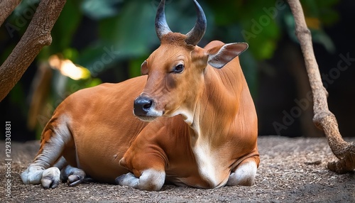 Rare Banteng in Lush Javanese Forestscape, Majestic Bos javanicus Caught Amidst Dappled Sunlight and Vibrant Greenery, Embracing the Mystique of Natures Wonders photo