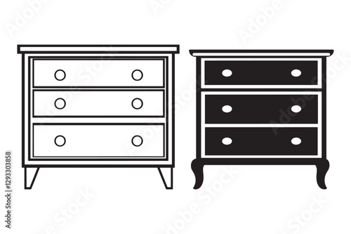 Black and White Dresser Silhouette Icon, Wardrobe Dresser Silhouette Vector, Simple Bedroom Dresser Silhouette, Outline of a Bedroom Dresser, Minimalist Dresser Cabinet Line Drawing.