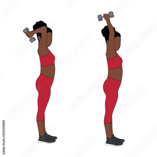 A Black African woman in red clothing doing triceps above head extensions exercise. Flat vector illustration isolated on white background