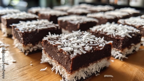 Close-up of layered wooden table, adorned with rich chocolate and coconut textures, topped by smooth, glossy chocolate. Slightly blurred for artistic effect