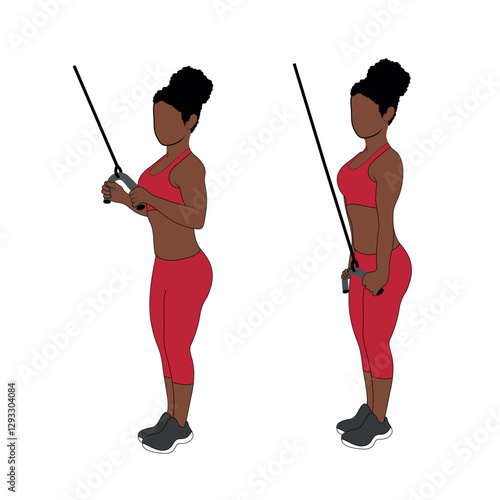A Black African woman in red clothing doing triceps cable push downs exercise. Flat vector illustration isolated on white background