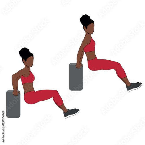 A Black African woman in red clothing doing triceps dips exercise. Flat vector illustration isolated on white background