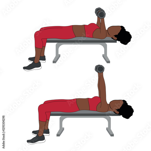 A Black African woman in red clothing doing a bench chest press with dumbbells exercise. Flat vector illustration isolated on white background