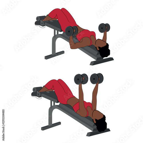 A Black African woman in red clothing doing decline bench chest press with dumbbells exercise. Flat vector illustration isolated on white background
