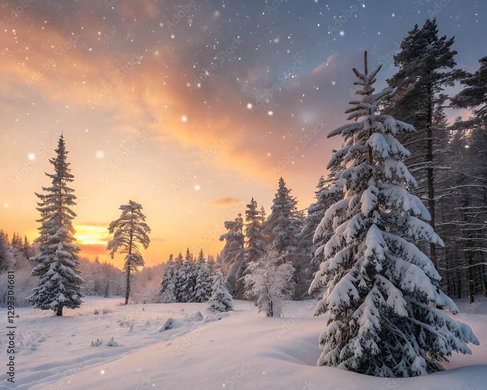 Snow falling on pine trees covered with snow at sunset in winter forest. Snow pine trees