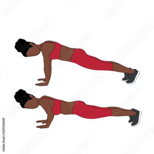 A Black African woman in red clothing doing press ups exercise. Flat vector illustration isolated on white background
