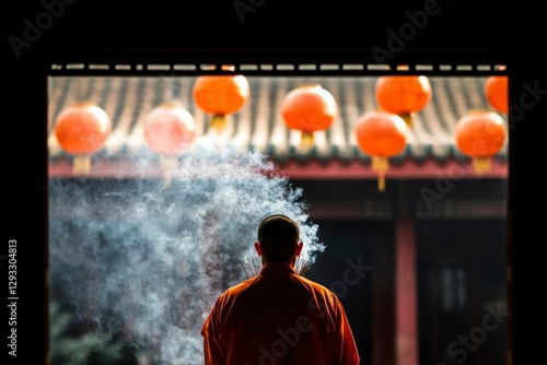 Monk exhales smoke at temple entrance with lanterns