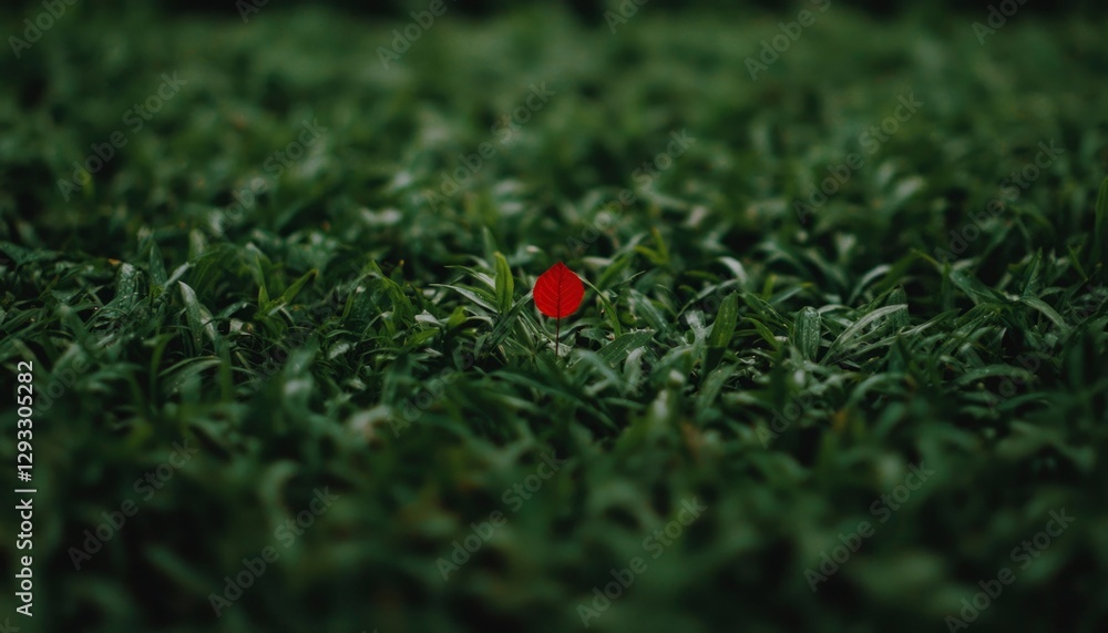 Naklejka premium Single Red Flower in Lush Green Grass Field