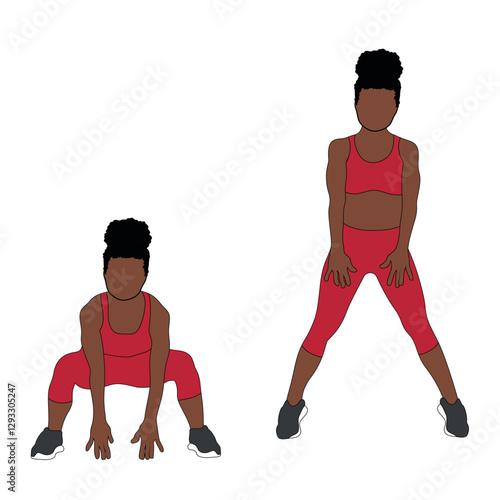 Black Female Character performing frog jumps, squat jump exercise in red clothing, aerobic exercise