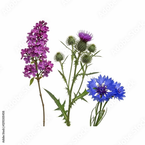 Studio shot of blooming lilac, thistle and cornflower flowers, creating a vibrant floral arrangement against a white backdrop