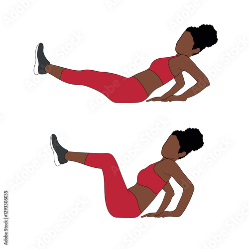 Black Female Character performing seated knee tuck exercise in red clothing