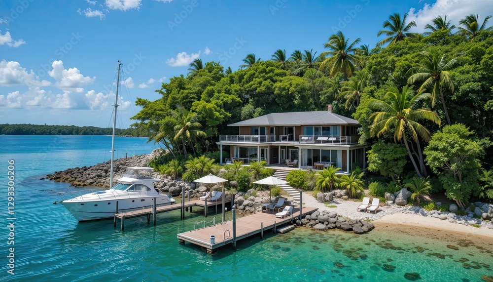 A remote island home featuring a yacht and a private dock A remote island home featuring a yacht and a private dock