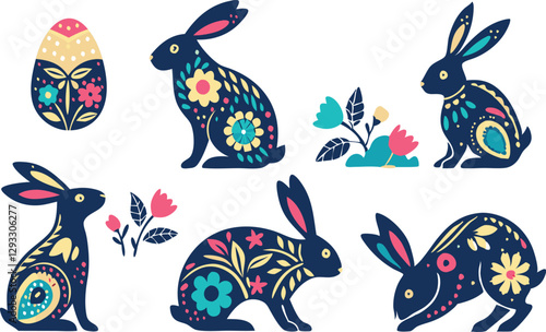 Happy Easter, decorated easter card, banner. Bunnies, Easter eggs, flowers and basket. Folk style patterned design.
