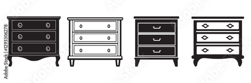 Black and White Dresser Silhouette Icon, Wardrobe Dresser Silhouette Vector, Simple Bedroom Dresser Silhouette, Outline of a Bedroom Dresser, Minimalist Dresser Cabinet Line Drawing.