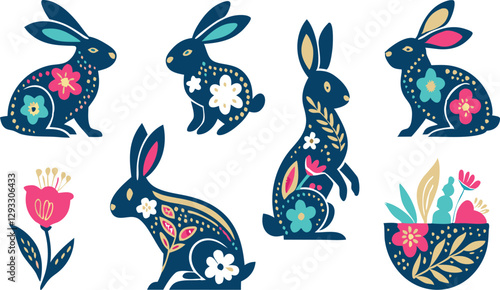 Happy Easter, decorated easter card, banner. Bunnies, Easter eggs, flowers and basket. Folk style patterned design.
