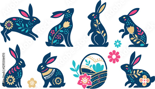 Happy Easter, decorated easter card, banner. Bunnies, Easter eggs, flowers and basket. Folk style patterned design.
