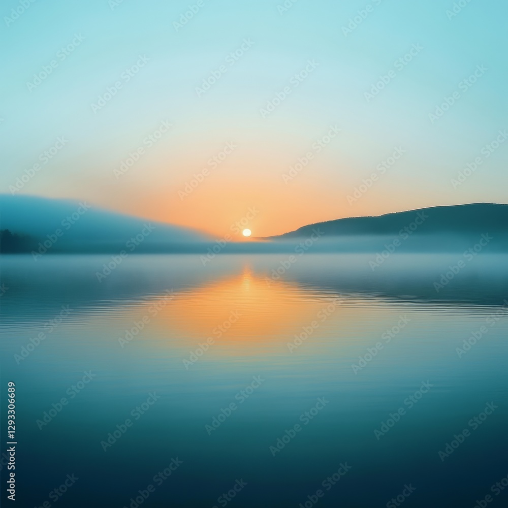 Fototapeta premium Sunrise over a tranquil lake with mountains and fog.