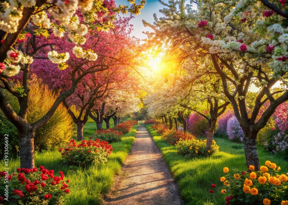 Serene Garden Path: Fruit Trees, Flowers, Tranquil Exploration Serene Garden Path: Fruit Trees, Flowers, Tranquil Exploration