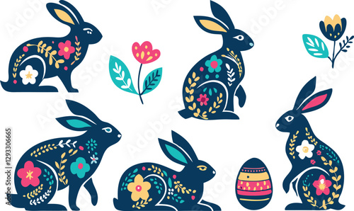 Happy Easter, decorated easter card, banner. Bunnies, Easter eggs, flowers and basket. Folk style patterned design.
