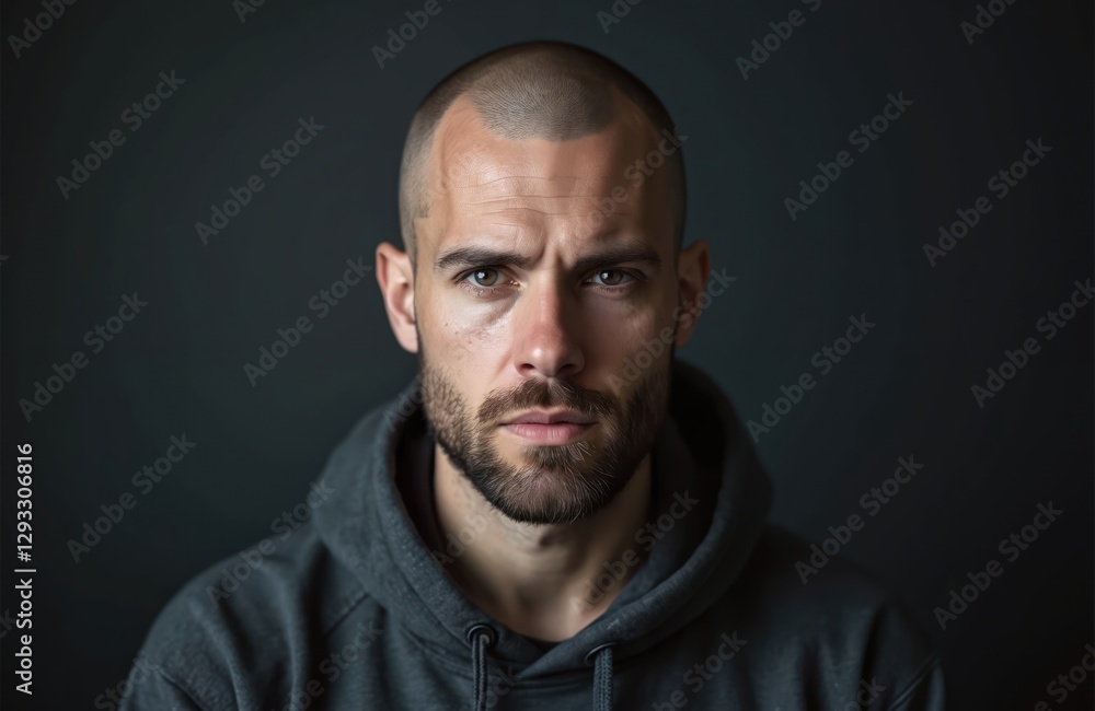 Close-up portrait of unshaved man in hoodie with bold look. Confident guy with serious expression, charisma, photogenic appearance, unshaved head, stubble beard. Model posing in studio with dark Close-up portrait of unshaved man in hoodie with bold look. Confident guy with serious expression, charisma, photogenic appearance, unshaved head, stubble beard. Model posing in studio with dark