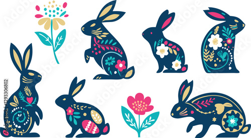 Happy Easter, decorated easter card, banner. Bunnies, Easter eggs, flowers and basket. Folk style patterned design.
