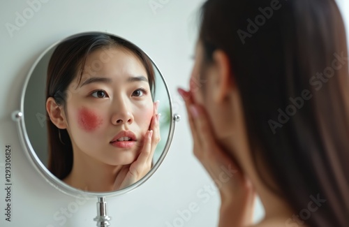 Asian young woman examines face skin in mirror. Red rash on cheek from cosmetic allergy. Skincare concept allergy, dermatitis, skin irritation, inflammation, beauty treatment result. Unhappy woman