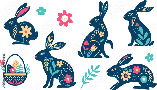 Happy Easter, decorated easter card, banner. Bunnies, Easter eggs, flowers and basket. Folk style patterned design.
