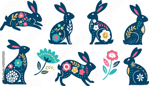 Happy Easter, decorated easter card, banner. Bunnies, Easter eggs, flowers and basket. Folk style patterned design.
