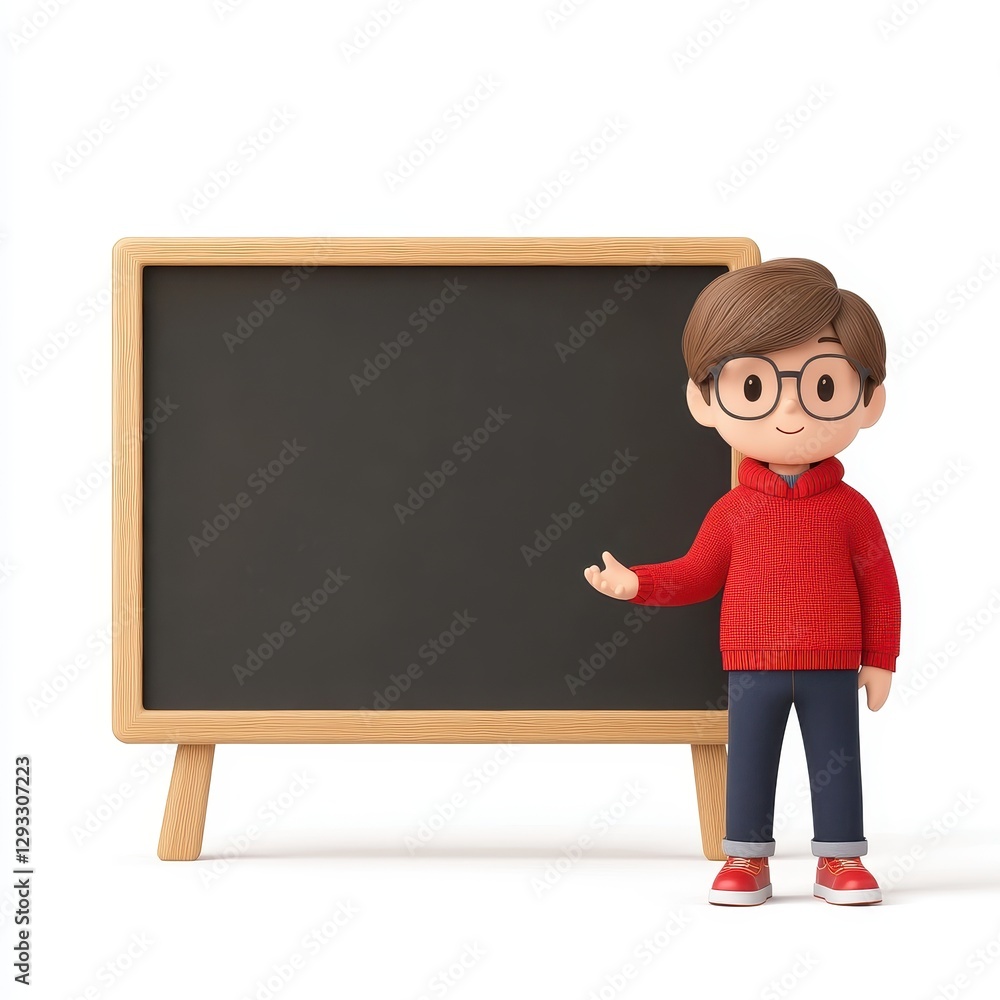 A cartoon character in a red sweater and glasses stands next to a blank chalkboard, ready to teach or share information. A cartoon character in a red sweater and glasses stands next to a blank chalkboard, ready to teach or share information.