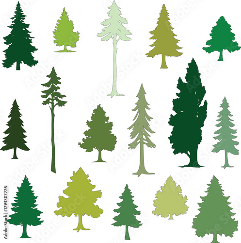 set of vector green trees, coniferous trees collection isolated on white background