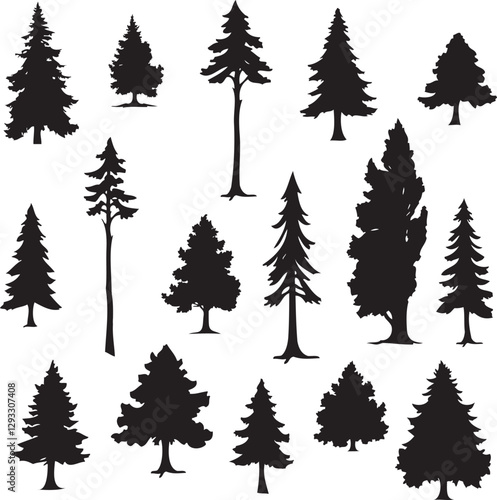 set of vector coniferous trees, black and white illustration, trees silhouettes isolated on white background