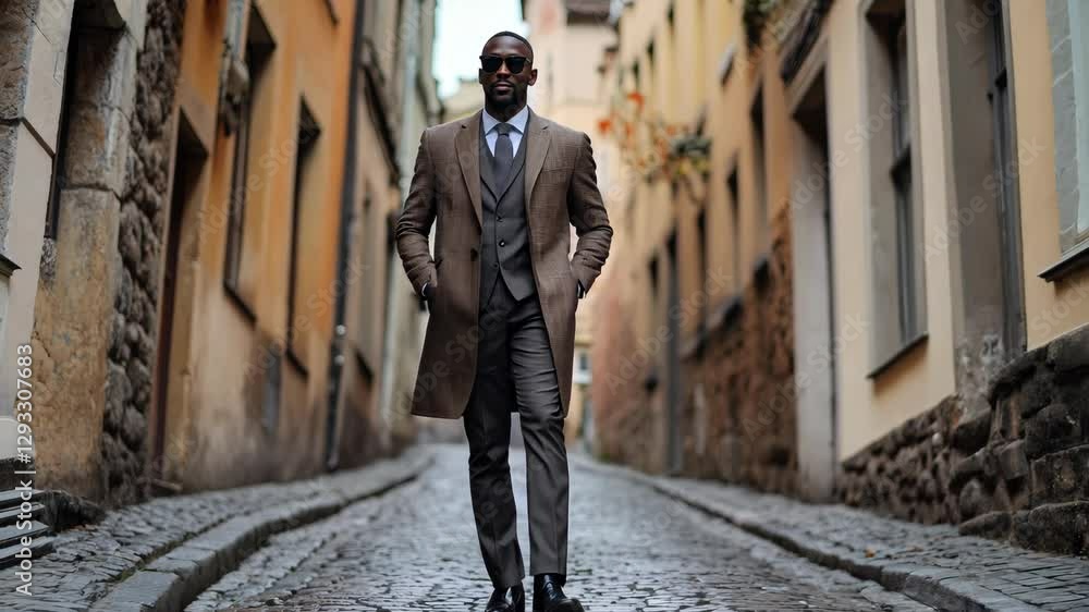 A sharply dressed man in a tailored suit walking confidently through a historic European cobblestone street A sharply dressed man in a tailored suit walking confidently through a historic European cobblestone street