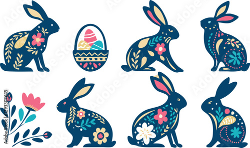 Happy Easter, decorated easter card, banner. Bunnies, Easter eggs, flowers and basket. Folk style patterned design.
