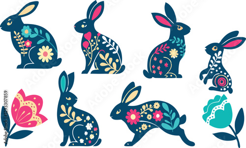 Happy Easter, decorated easter card, banner. Bunnies, Easter eggs, flowers and basket. Folk style patterned design.

