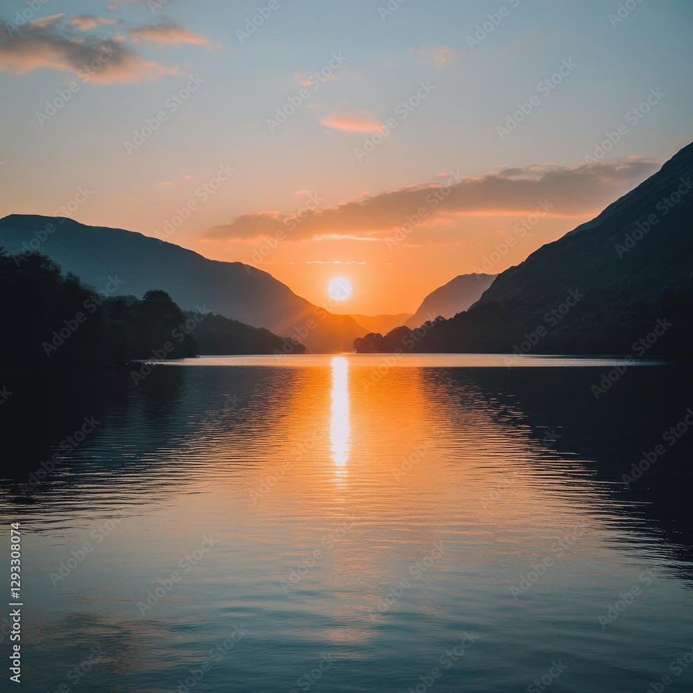 Lake sunset with mountains and reflections Lake sunset with mountains and reflections