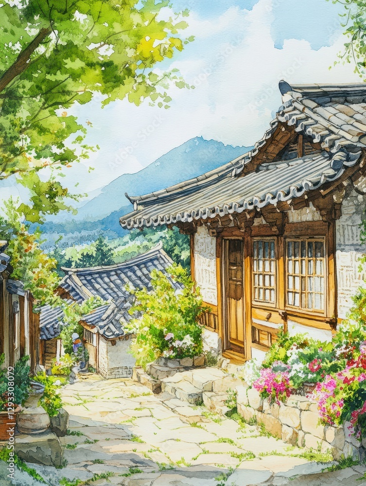 An artwork depicts a traditional Korean house in watercolor An artwork depicts a traditional Korean house in watercolor