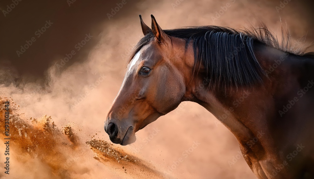 Fototapeta premium Elegant Bay Horse Framed Against a Dusty Backdrop, Capturing the Serene Mood and Grace of Natures Majestic Creatures in a Timeless Moment.
