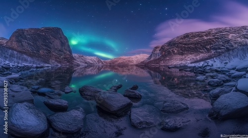 Pemandangan angkasa dari orbit planet eksotik, dengan aurora berwarna ungu dan emas yang membelah langit, difoto dengan lensa ultra-wide anamorphic 