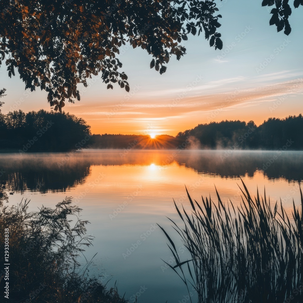 Sunrise over a misty lake framed by trees and reeds. Sunrise over a misty lake framed by trees and reeds.