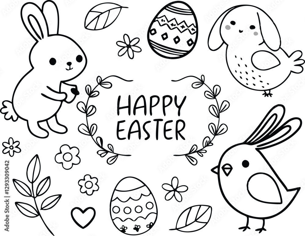 Fototapeta premium Easter set with simple lettering, bunnies, birds, eggs, flowers and twigs