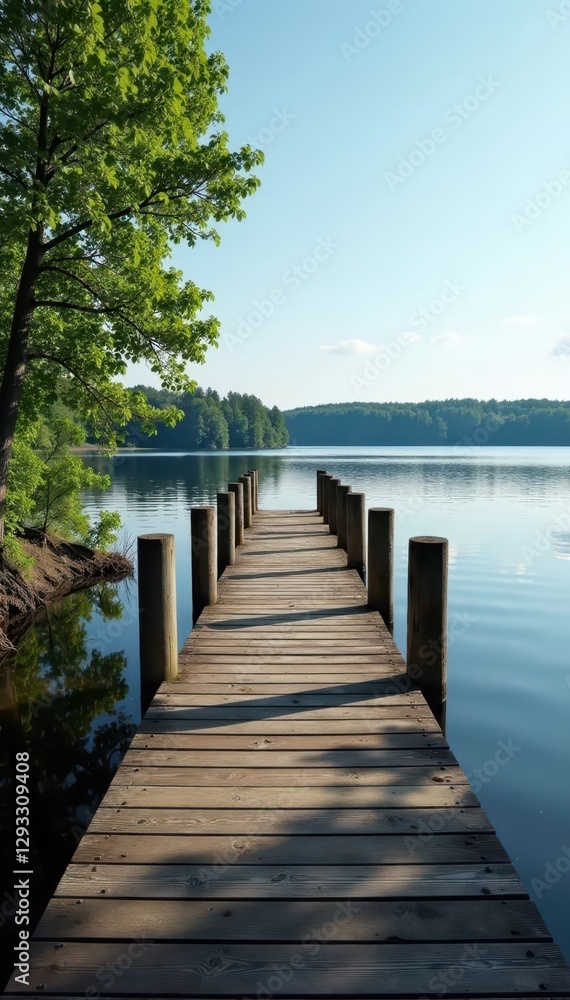 Obraz premium Wooden jetty extends over calm Masurian lake water, fish, quiet, vacation