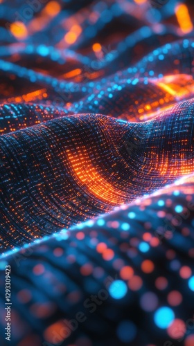 Close-up of glowing digital data flowing through a network, futuristic depiction, isolated with a clean background for clarity and modern rendering.