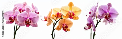 Set of orchid flowers on transparent background. Pink, purple, yellow, orange colors. Floral blossom decoration elements. Phalaenopsis elegance. Many-coloured flora branch. Decorative bloom for