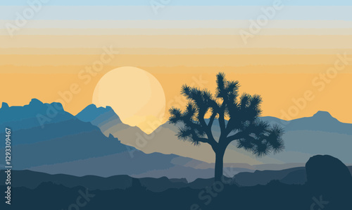 Minimalist Joshua Tree National Park Vector Illustration with Desert Sunset Landscape