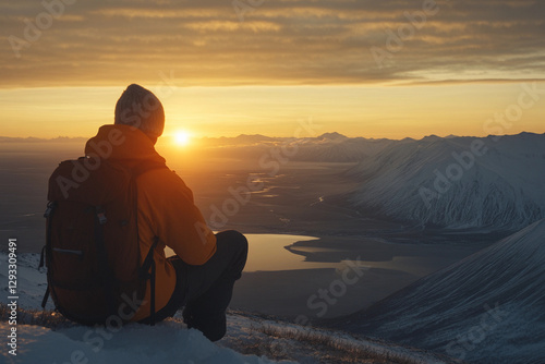 Hiker watching amazing sunset over snowy mountain valley and river at golden hour